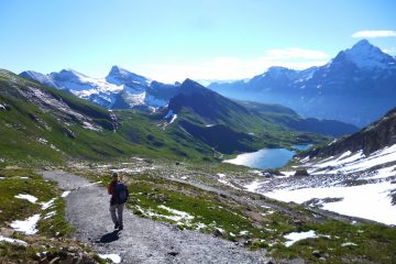 A hiker walking on a spectacular trail though the swiss mountains on a beautiful day on the Switzerland: Bernese Alps Hike with Freewheeling Adventures.