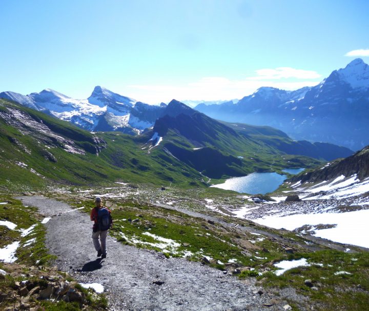 A hiker walking on a spectacular trail though the swiss mountains on a beautiful day on the Switzerland: Bernese Alps Hike with Freewheeling Adventures.