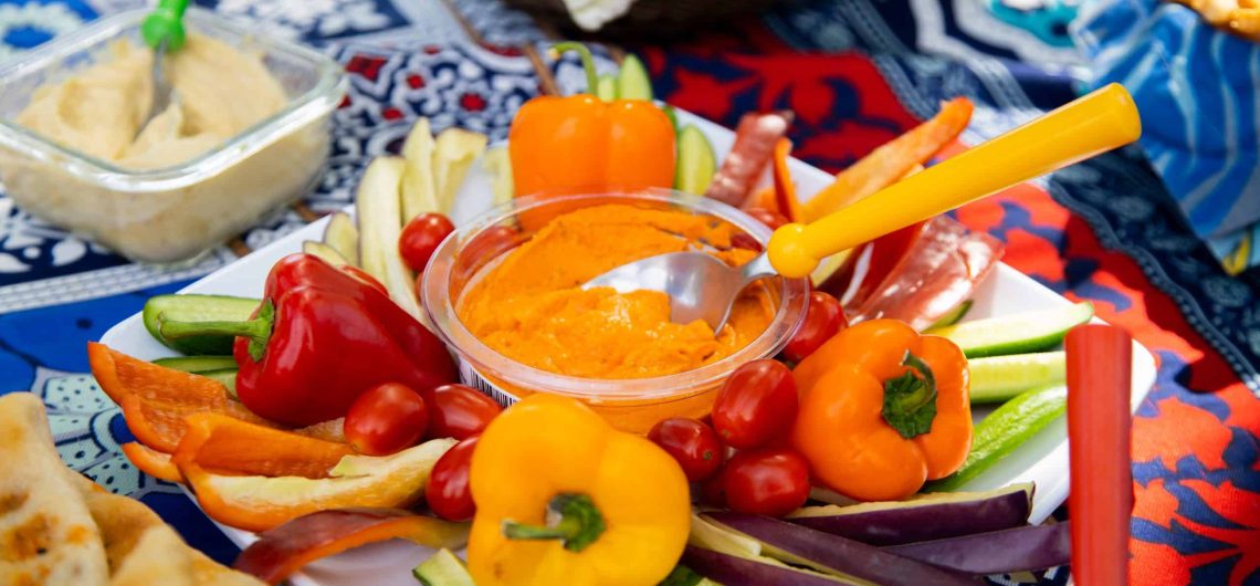 Colourful, fresh, organic alfresco panic lunch spread