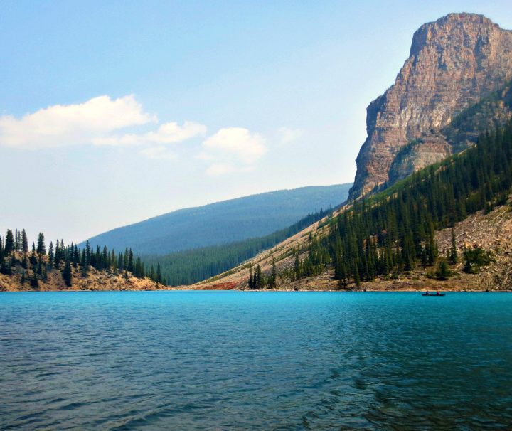 A view of the Stunning Moraine Lake In Banff National Park on a Freewheeling Adventure cycling tour.