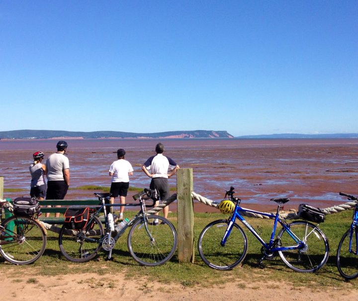 A view of the Bay of Fundy at low tide resulting in spectacular scenery while cycling along its coasts with Freewheeling Adventures.