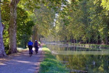 A calm view of the canal with the traffic free bike lanes on either side of the Bordeaux to Carcassonne Canal Bike