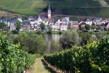 A view of Zell church across the River Moselle, on the Moselle River Valley Bike with Freewheeling Adventures.