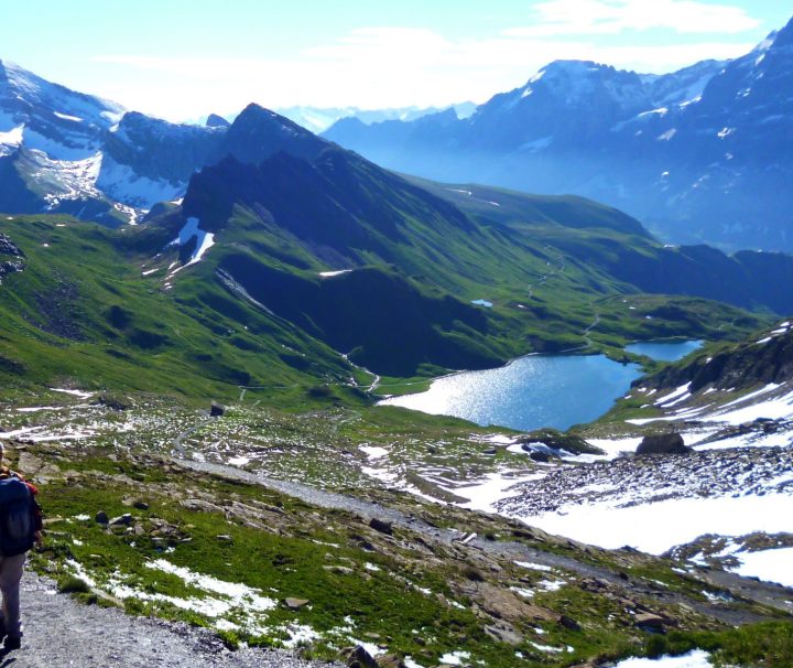 A hiker walking on a spectacular trail though the swiss mountains on a beautiful day on the Switzerland: Bernese Alps Hike with Freewheeling Adventures.