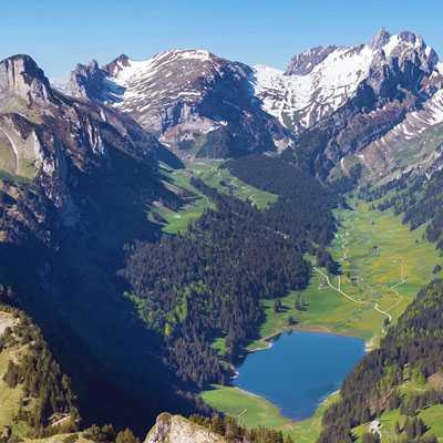 The stunning Seealpsee lake located in the Alpstein mountain range of Switzerland