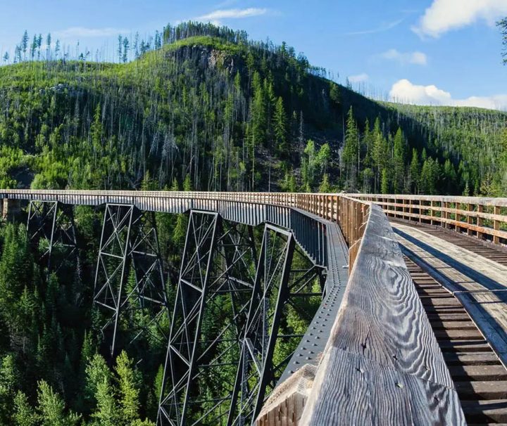 This image shows a portion of the historic Myra Canyon Trestles, located within Myra-Bellevue Provincial Park near Kelowna, British Columbia. 