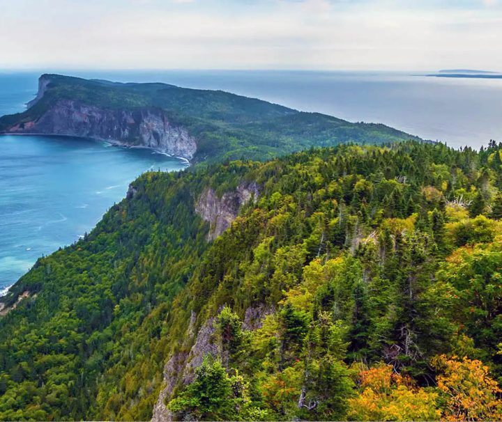 This image shows the dramatic coastal scenery of Forillon National Park on the Gaspé Peninsula in Quebec