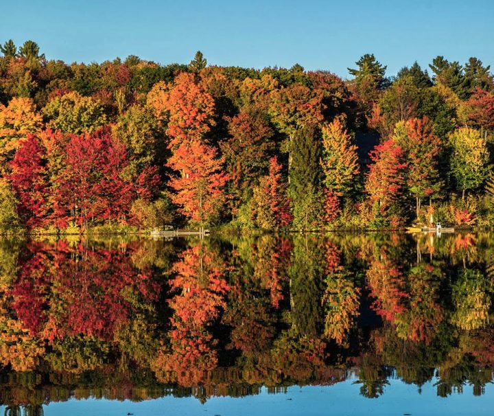 This image captures the vibrant peak fall foliage in the Laurentian Mountains of Quebec, Canada