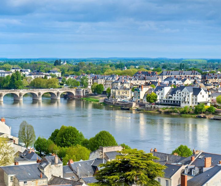 This image depicts a scenic view of the Loire River flowing through the town of Saumur in the Loire Valley region of France