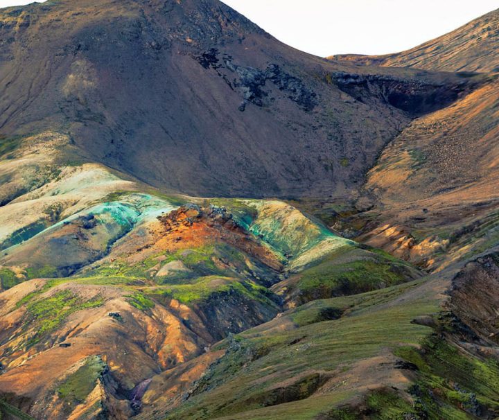 This image shows the colorful rhyolite mountains of Landmannalaugar in the Icelandic Highlands